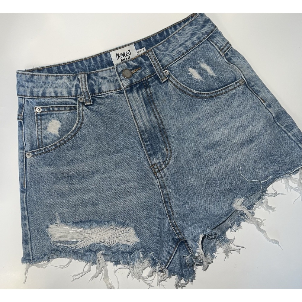 Princess Polly Cut Off Jean Shorts Womens 8 Blue Denim Cotton High Waist Raw Hem